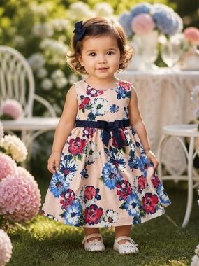 Pink Violet Baby Girls Floral Fit-and-Flare Dress with Navy Bow — Pink Base 2t